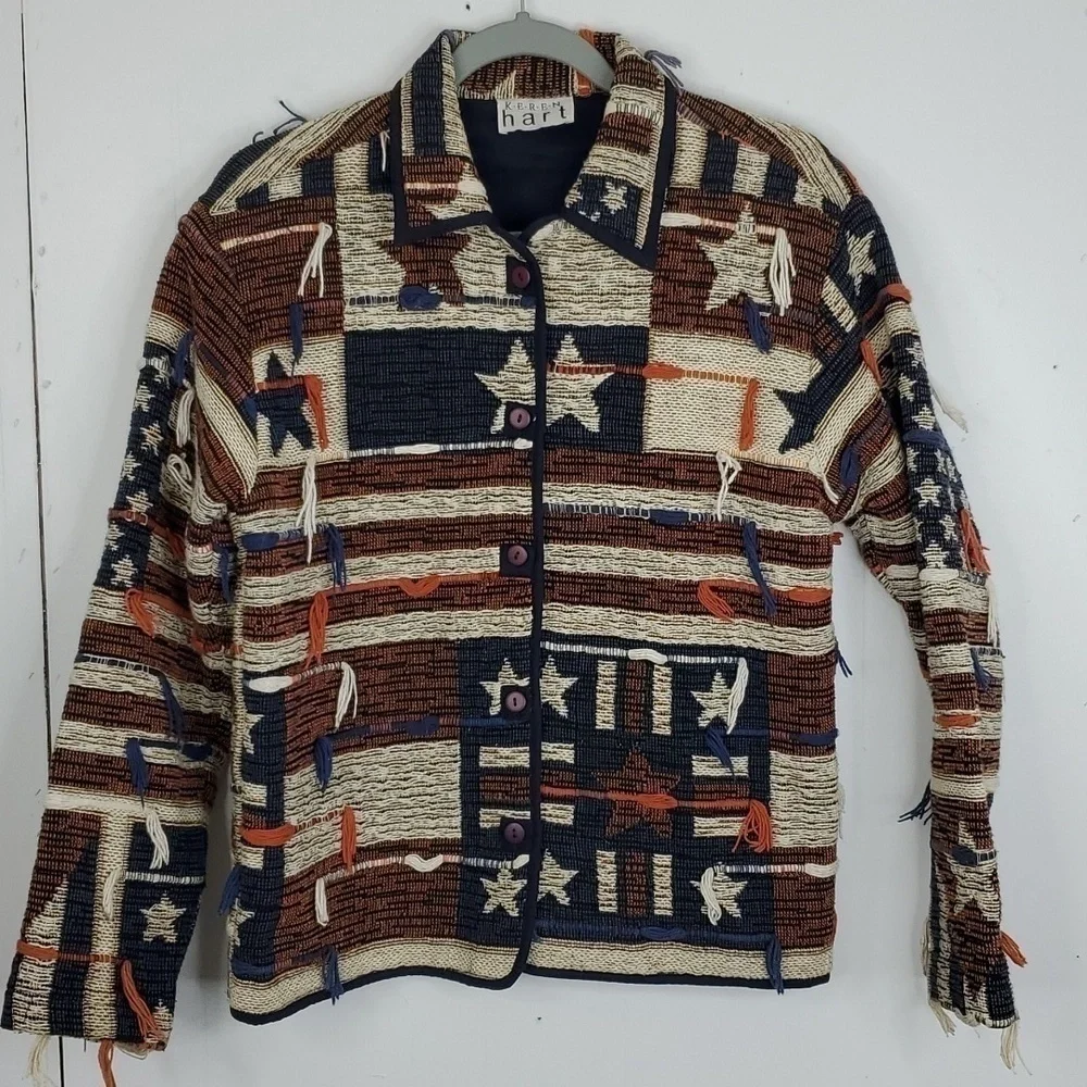 Keren Hart Vintage America Jacket Loose Fringe Ends USA Flag Stars Stripes S